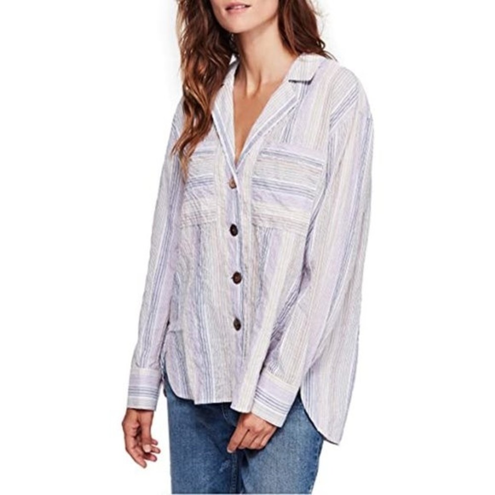 Free People High-Tide Multi Striped Boho Button-Down Shirt - Distressed Details